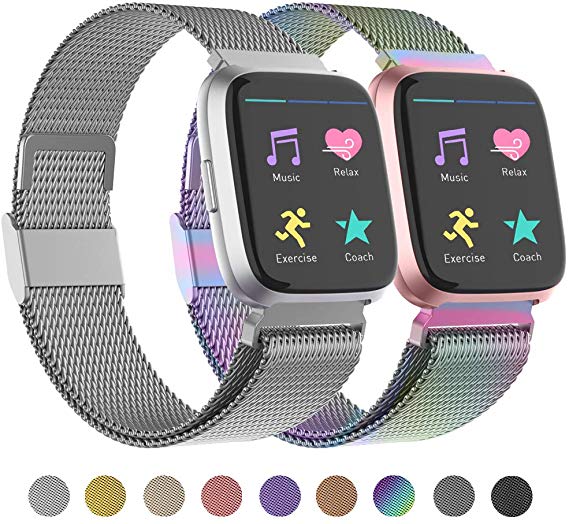 POY Compatible for Fitbit Versa Bands, Replacement for Stainless Steel Mesh Fitbit Versa Lite Bands Metal Strap with Strong Magnet Lock Wristbands for Women Men 2 Packs