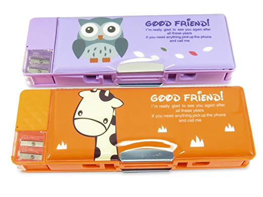 Double-Sided Soft Pen Pencil Case With Magnetic Cover Owl Giraffe 9 x 3.25 Purple Orange (Set of 2)
