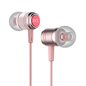 BYZ Earbuds, In-Ear Metal Bass Earphones, with Microphone Noise Isolating Headphones, Comfort Fit for iPhone 6 Samsung Android Smartphones Xbox Laptop iPad (Rose Gold)