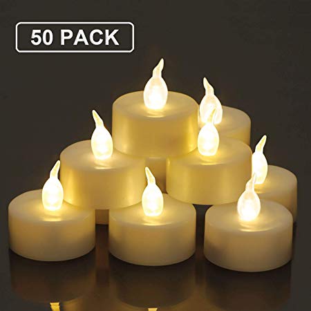 Homemory Warm White LED Tealight Bulk, Set of 50 Flameless Flickering Tea Light Candles Battery Operated, Long-Lasting Battery Life, 1.4'' W X 1.25'' H