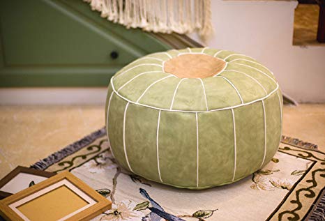 RISEON Boho Handmade Faux PU Leather Moroccan Pouf Footstool Ottoman Leather Poufs Unstuffed 23" x 11" -Round Floor Cushion Footstool for Living Room, Bedroom and Under Desk (Green)