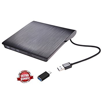 MSpark External USB 3.0 CD/DVD-RW Drive Writer Burner DVD Player for MAC Macbook Air Pro Windows Linux Laptop PC Black With Type-C Adapter
