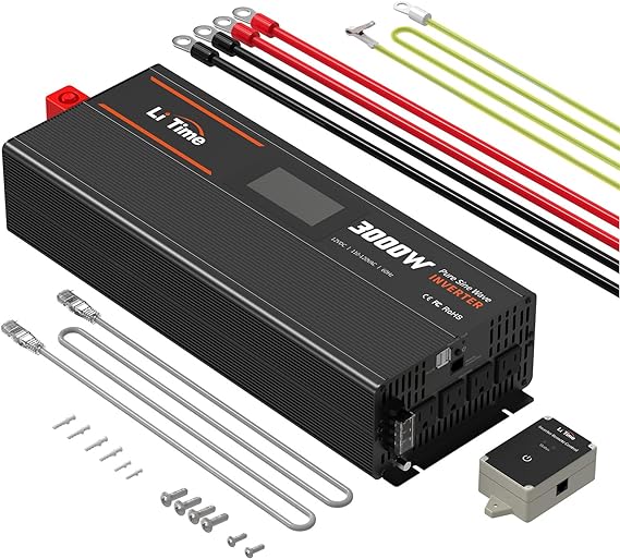 LiTime 3000W Pure Sine Wave Inverter 12V DC to 120V AC Converter with Remote Control for RV, Camping, Off-Grid Solar Power Inverter with 4 AC Outlets,2 USB Outputs, Screen Showing Real-time Status