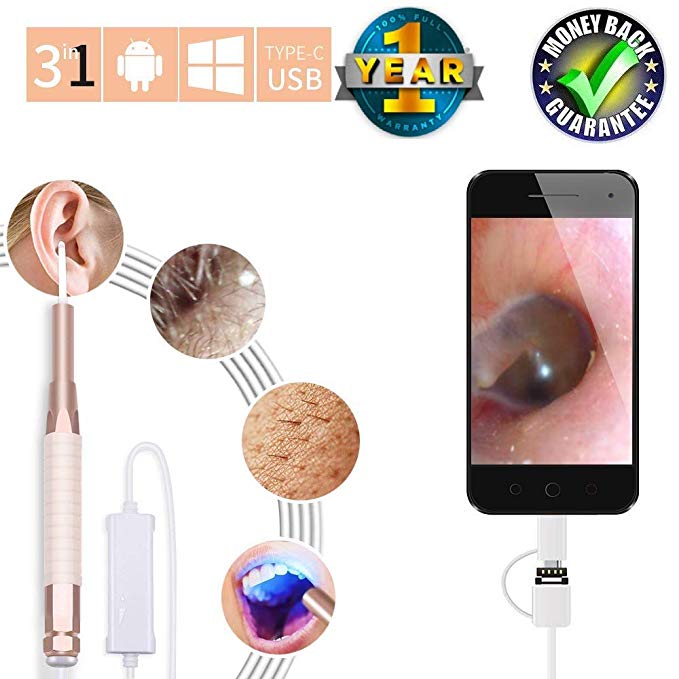 Upgrade Portable Ear Cleaning Endoscope, 3 in 1 Multifunctional Visual Digital Ear Cleaner Camera Earwax Remover Tool Kits Compatible with Android Smart Phones Windows & MAC System (Gold)
