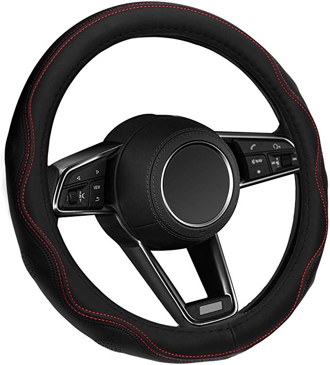 ELZO Car Steering Wheel Cover Universal 14.5-15 Inch with Microfiber Leather, Black with Red Line for CRV HRV Accord Corolla Prius Rav4 Tacoma Camry (Black   Red, Microfiber Leather   Rubber)