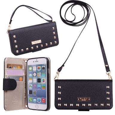 iPhone 6 6s Wallet Case, True Color© Premium Studded Wristlet with Removable Wrist Strap and Cross Body Strap Clutch Folio Magnetic Closure Purse Clubbing Case Cover   Stand Feature - Black