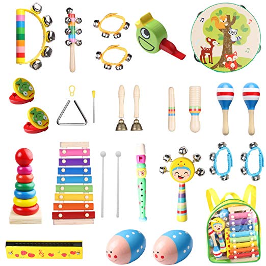 Kids Musical Instruments, Childom Musical Instruments Set with Xylophone for Kids, Children Percussion Rhythm Band Set, Musical Games Tambourine Present with Carrying Bag (27 Backpack)