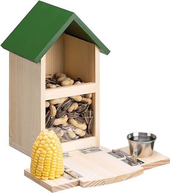 Navaris Wooden Squirrel Feeder - Pine Wood House For Garden - Nut Box Compartment And Water Bowl Platform to Feed Squirrels - Nuts Feeding Station