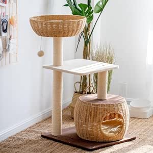 Happy & Polly 35.4" Cat Tree for Indoor Cats, Rattan Weaving Cats Tower Condo with Sisal Scratching Posts Board, Luxury Cozy House Indoor for Cats, Multi-Level Play Activities Platform Tall Perch