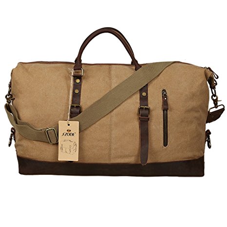 S-ZONE Oversized Canvas Leather Trim Duffel shoulder handbag Weekend Bag (Khaki)