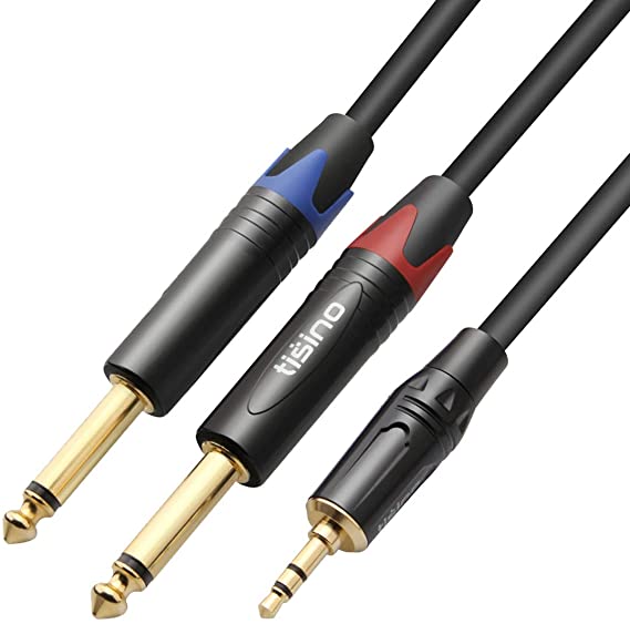 TISINO 1/8" TRS Stereo to Dual 1/4" TS Mono Y-Splitter Cable, 3.5mm Mini Jack Aux to Quarter inch 6.35mm Jack Stereo Breakout Cord - 3.3 feet