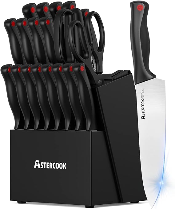 Knife Set, Astercook 21 Pieces Knife Sets for Kitchen with Block, Dishwasher Safe Kitchen Knife Set with Built-in Sharpener, Black