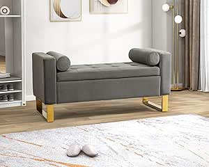 HULALA HOME Modern Storage Bench with Gold Base & Bolster Pillows, Upholstered Bedroom Ottoman Bench for End of Bed, Tufted Footstool for Entryway Living Room Dining Room, Grey