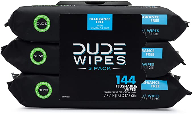 Dude Wipes Flushable Wet Wipes Dispenser (3 Packs 48 Wipes), Unscented Wet Wipes with Vitamin-E & Aloe for at-Home Use, Septic and Sewer Safe