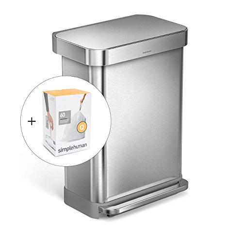 simplehuman 55L Rectangular Step Trash Can with Liner Pocket, Brushed Stainless Steel, with 60 pack custom fit liner code Q