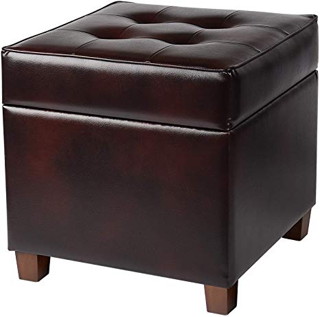 SortWise 17" Storage Ottoman Cube with Hinged Lid Footrest Stool Coffee Table, 44L Large Volume, Faux Leather, Brown