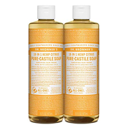 Dr. Bronner’s - Pure-Castile Liquid Soap (Citrus, 16 ounce, 2-Pack) - Made with Organic Oils, 18-in-1 Uses: Face, Body, Hair, Laundry, Pets and Dishes, Concentrated, Vegan, Non-GMO