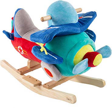 Happy Trails 80-690PLN  Rocking Plane Toy- Kids Plush Stuffed Ride On Wooden Rockers with Sounds & Handles-Make Believe Play- Fun for Boys, Girls, Toddlers, Brown/a
