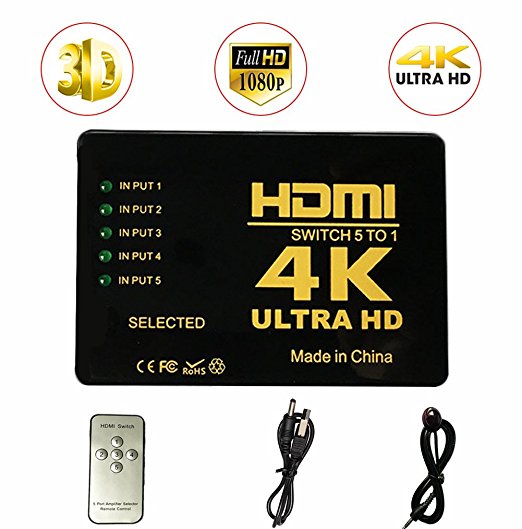 ILOVA 4K HDMI Switch 5 Port Video Switcher Supports 3D Full 1080P Ultra HD HDMI Splitter with IR Remote