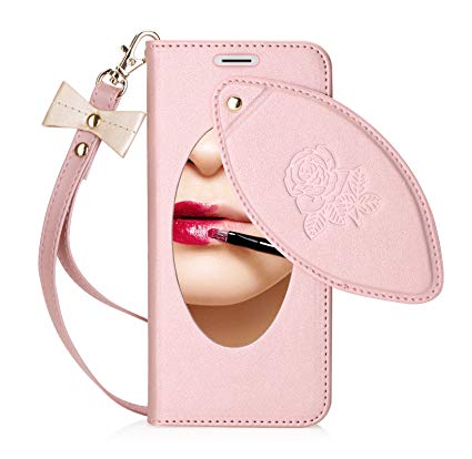 FYY Case for Galaxy Note 8, [RFID Blocking Wallet][Makeup Case] Premium PU Leather Wallet Case with Cosmetic Mirror, Card Slots and Wrist Strap for Galaxy Note 8(2017) Pink