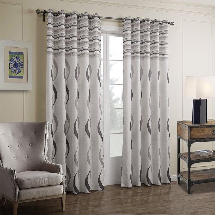 VIVOHOME Window Treatment Printed Thermal Insulated Curtain, Two Panels with Grommets, White with Gray Stripes (57.08Wx83.85L-Inch)