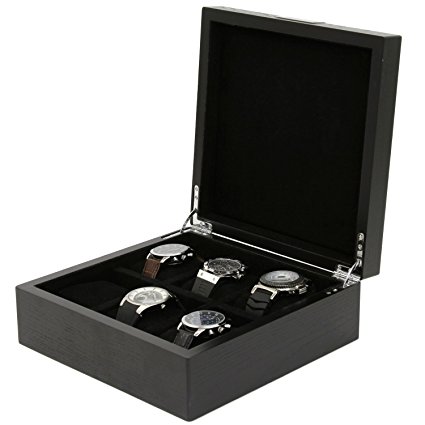 Engravable Watch Box 6 Watches Wood Black Finish Large Compartments Engraving Plate
