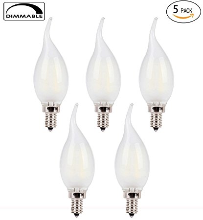 OPALRAY C35 4W(40W Incandescent Equivalent) Antique LED Candelabra Bulb, LED Filament Lamp, E12 Base, Cool White 6000K, Dimmable, Frosted Glass, Flame Tip, 5-Pack