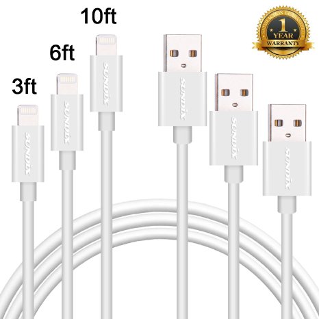 Apple MFi Certified Sundix 3Pack 3FT 6FT 10FT Lightning to USB Cable 8 pin to USB Sync Cable and Charger Compatible with iPhone 66 Plus 6s6s Plus iPad and iPod ModelsWhite