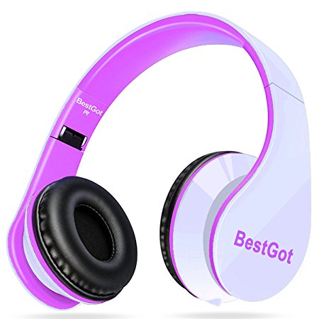 [New Style] BestGot Headphones Over Ear with microphone In-line Volume with Transport Waterproof Bag Foldable Headphone with 3.5mm plug removable cord (White/Pink)