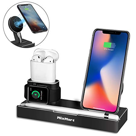 iPhone X Wireless Charger Stand, 6 in 1 Aluminum iPhone 8/8 Plus Charging Dock for Apple Watch/AirPods/iPad/Apple Pencil, Detachable Wireless Charger For Samsung Galaxy S9/S8/S7/S6 Edge (Black)