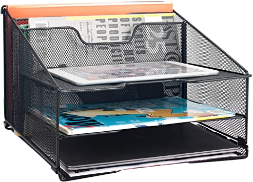 Samstar Desk Organiser Letter Tray, Mesh File Holder with 3 Paper Trays and 2 Vertical Upright Folder Section, Black. …