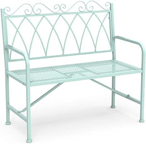 LAZZO Stylish 40.7in Metal Loveseat Bench, with Armrests, Rounded Corners and Sturdy Frame, Porch Bench Perfect for Patio Garden Farmhouse Mudroom livingroom Entryway 220 lbs Capacity (Mint Green)