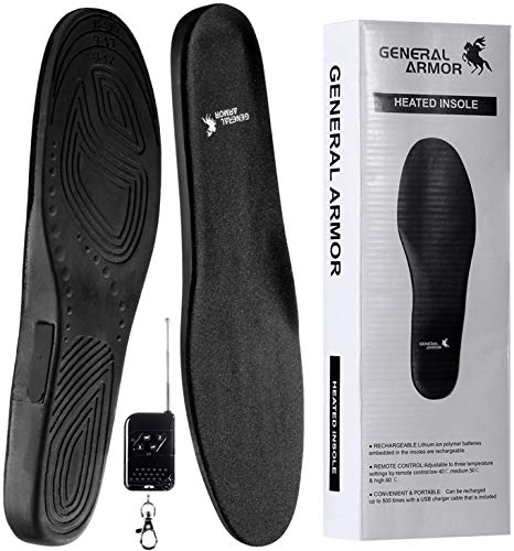 GENERAL ARMOR Rechargeable Heated Insole - USB Foot Warmer with Wireless Remote Control for Hunting Fishing Hiking Camping, Waterproof, Women or Men (Large)