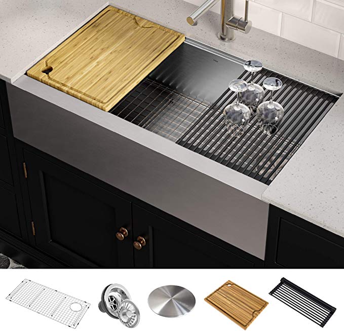 KRAUS KWF410-36 Kore Workstation 36-inch Farmhouse Flat Apron Front 16 Gauge Single Bowl Stainless Steel Kitchen Sink with Integrated Ledge and Accessories (Pack of 5)