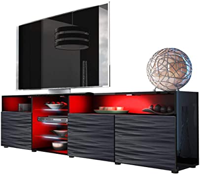 MEBLE FURNITURE & RUGS TV Stand Roma Matte Body High Gloss Doors Modern TV Stand LED (Black/WavyBlack)