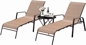 Flamaker Adjustable Patio Chaise Lounge Set 3 Pieces Textiline Outdoor Foldable Metal Reclining Chairs with Sturdy Glass Top Bistro Table for Beach, Poolside, Backyard, Porch (Beige)