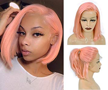 Benafee Short Lace Front Bob Wigs Silky Straight Human Hair Wigs Middle Part Glueless Frontal Lace Bob Wig for Women Pre Plucked Natural Hairline 180% Density Remy Hair (8 inch, Peach Pink)