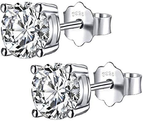 925 Sterling Silver Stud Earrings, Round Clear Cubic Zirconia Stud Earring For women girls men gift