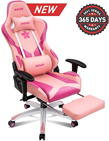 Muzii BIFMA Certified Pink Gaming Chair with Footrest, High-Back PU Leather Office Chair with Headrest and Adjustable Lumbar Support,Ergonomic Computer Swivel Chair for Teens and Adults(001)