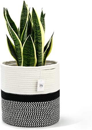 POTEY 700402 Cotton Rope Woven Plant Basket Modern Woven Basket for 11" Large Flower Pot Floor Indoor Planters,Storage Organizer Basket Rustic Home Decor,White Black Stripes 12"x 12"