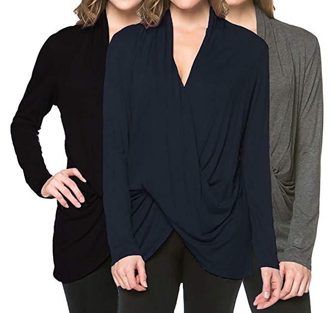 Long Sleeve Pullover Cardigan Top with V-Neck Criss Cross Design (S-3X) - Made in USA