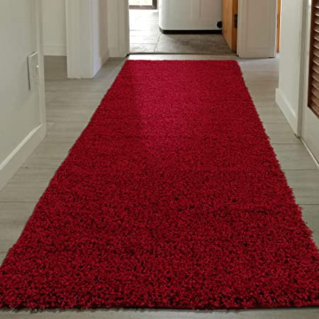 Sweet Home Stores Shaggy Collection Solid Design Runner Rug, 2' X 5', Red