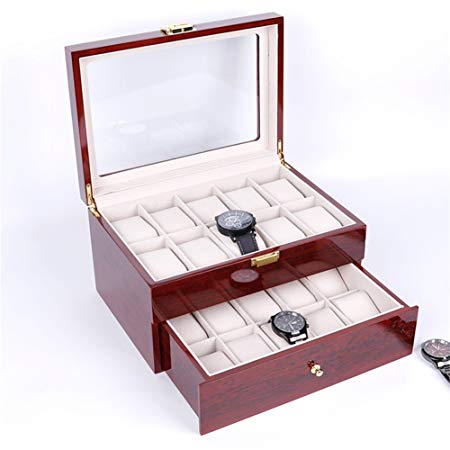 TUYU 20 Slot Luxury Watch Box for Men/Women Wooden Watch Box Display Case Organizer Glass Jewelry Storage Large Holder With Metal Buckle-Unique Gifts for Him HZ000120