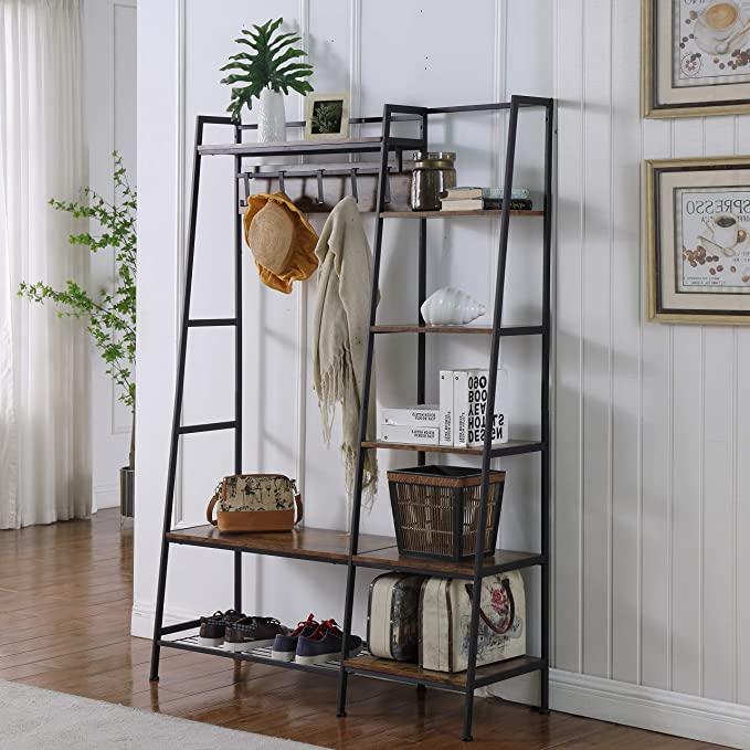 Ohuhu 72" Entryway Coat Rack, Hall Tree with 5 Tier Storage Shelves, 4-in-1 Design Industrial Rack Shoe Bench with 5 Removable Hooks and Hanging Bar for Living Room Apartment Bedroom Hallway, Black