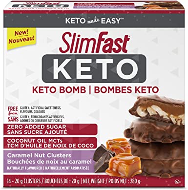 SlimFast Keto Bomb Snacks, 14x20g Chocolate Caramel Nut Clusters per Box, 280 Grams