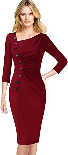 VFSHOW Womens Retro Asymmetric Neck Pleated Buttons Work Party Wiggle Dress 1093 RED 3XL