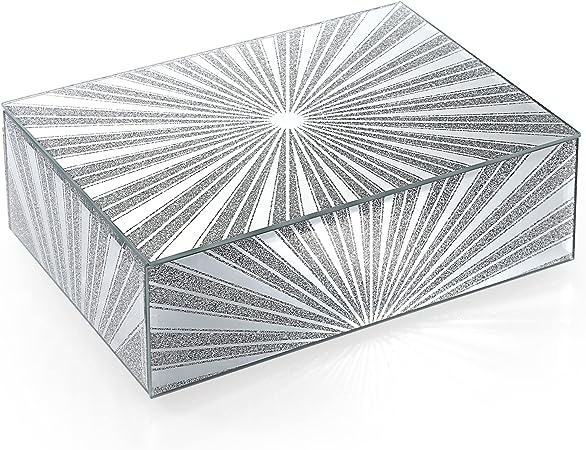 Hipiwe Mirrored Jewelry Box with Crushed Diamond Sunshine Pattern Large Glass Trinket Box Silver Decorative Box Keepsake Box Jewelry Storage Organizer for Women Girls