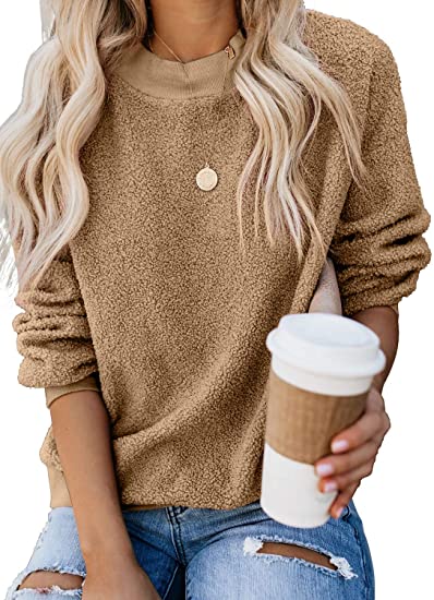 Ecrocoo Womens Crewneck Long Sleeve Fuzzy Solid Sweatshirt Tops Casual Loose Fitting Pullover Shirt