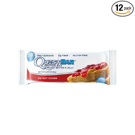 Quest Nutrition Protein Bar, Peanut Butter & Jelly, 20g Protein, 5g Net Carbs, 210 Cals, High Protein Bars, Low Carb Bars, Gluten Free, Soy Free, 2.1 oz Bar, 12 Count