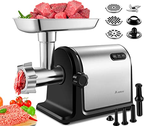 Aobosi Electric Meat Grinder ?2000W Max ?Heavy Duty Stainless Steel Meat Mincer with 3 Grinding Plates, 3 Sausage Stuffer Tubes & Kubbe Attachments,Easy One-Button Control,ETL Approved,Commercial Use